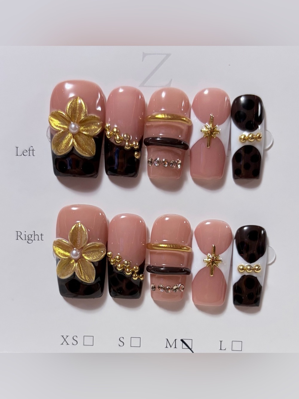 Nude Pink & Brown Floral Accent False Nail Set with Gold Embellishments